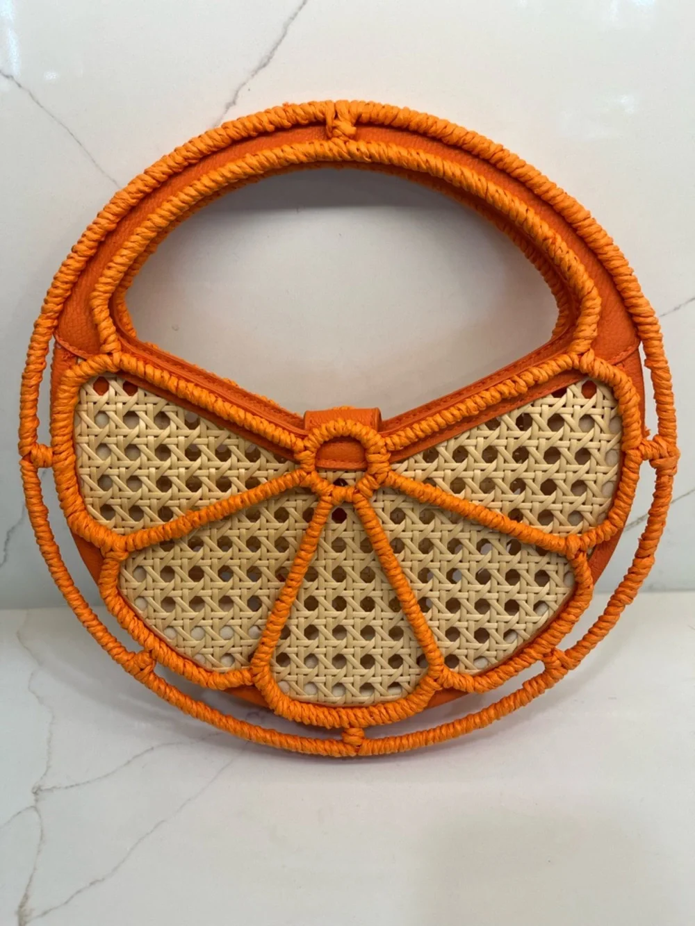 Orange Citrus Woven Statement Handbag Round Straw Look Summer Bag Boho Chic NWOT - Picture 2 of 5